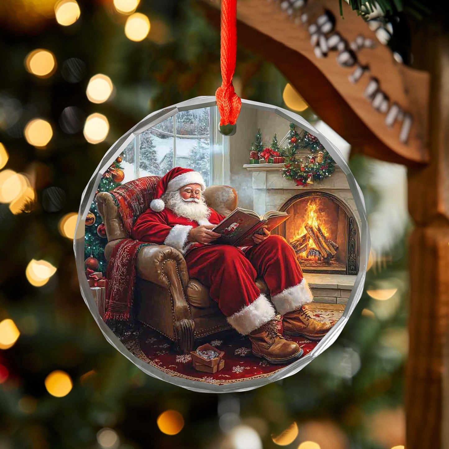Netecom Santa's Quiet Moment Glass Ornament – Reading in Armchair by Fireplace, Classic Christmas Tree Decoration, 3-inch