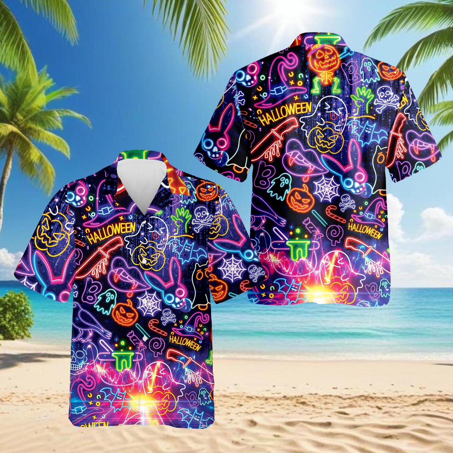 Netecom Music Night Hawaiian Shirt for Men, Halloween Present, Pumpkin Ghost Button Down Summer Beach Shirts