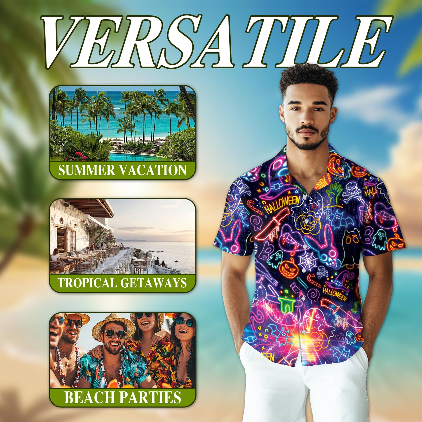 Netecom Music Night Hawaiian Shirt for Men, Halloween Present, Pumpkin Ghost Button Down Summer Beach Shirts