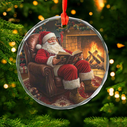 Netecom Traditional Santa Reading Book Ornament – Fireplace & Armchair Scene, Unique Glass Christmas Tree Decor, 3-inch