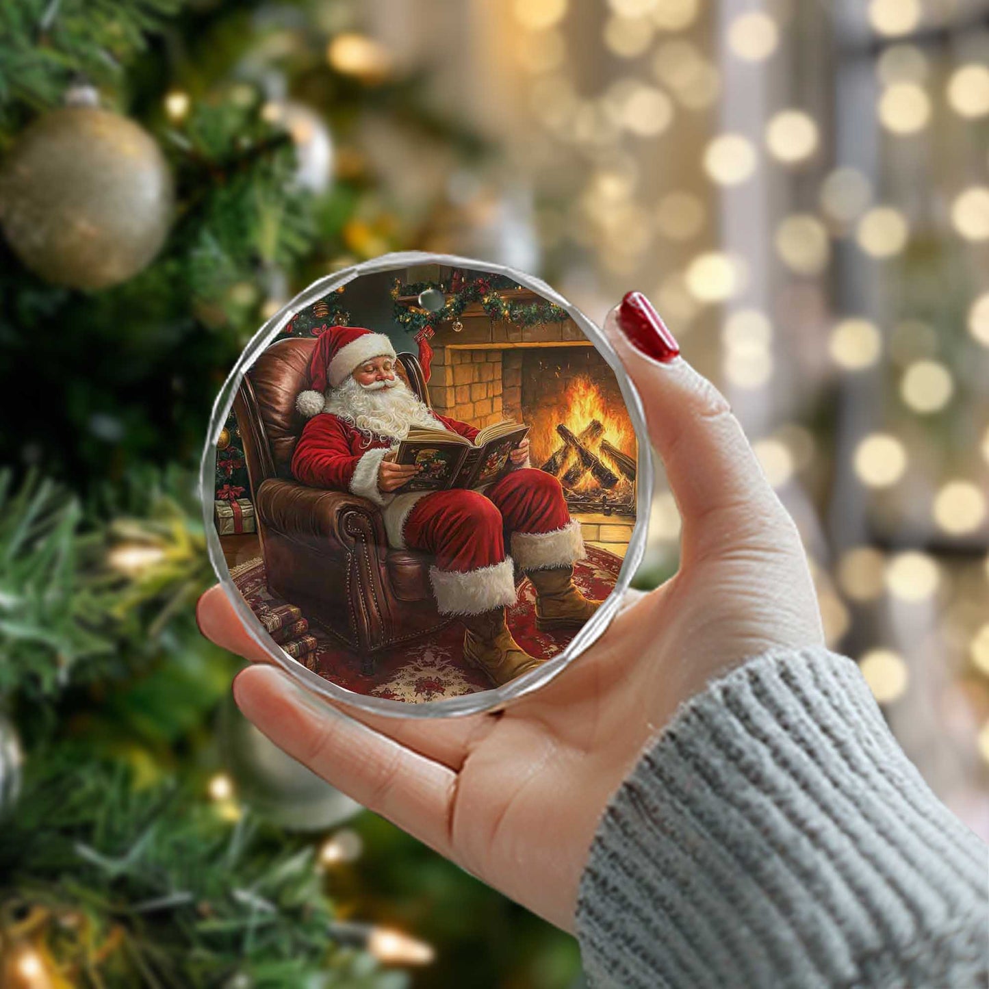 Netecom Traditional Santa Reading Book Ornament – Fireplace & Armchair Scene, Unique Glass Christmas Tree Decor, 3-inch