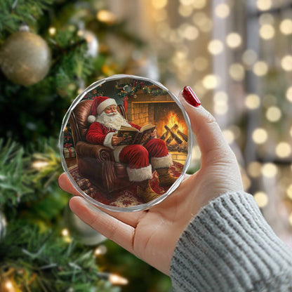 Netecom Traditional Santa Reading Book Ornament – Fireplace & Armchair Scene, Unique Glass Christmas Tree Decor, 3-inch