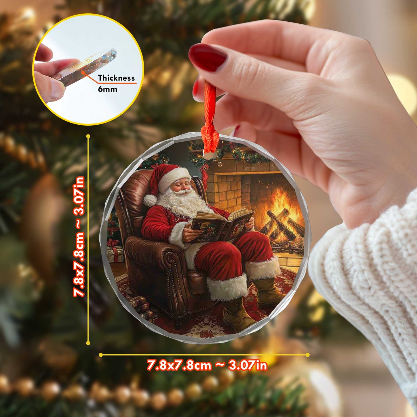 Netecom Traditional Santa Reading Book Ornament – Fireplace & Armchair Scene, Unique Glass Christmas Tree Decor, 3-inch