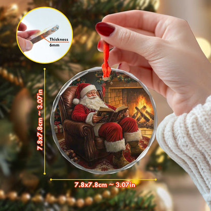 Netecom Traditional Santa Reading Book Ornament – Fireplace & Armchair Scene, Unique Glass Christmas Tree Decor, 3-inch