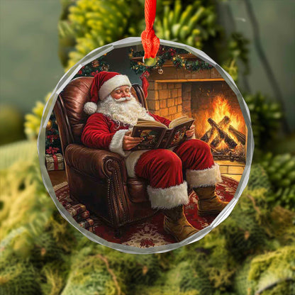 Netecom Traditional Santa Reading Book Ornament – Fireplace & Armchair Scene, Unique Glass Christmas Tree Decor, 3-inch