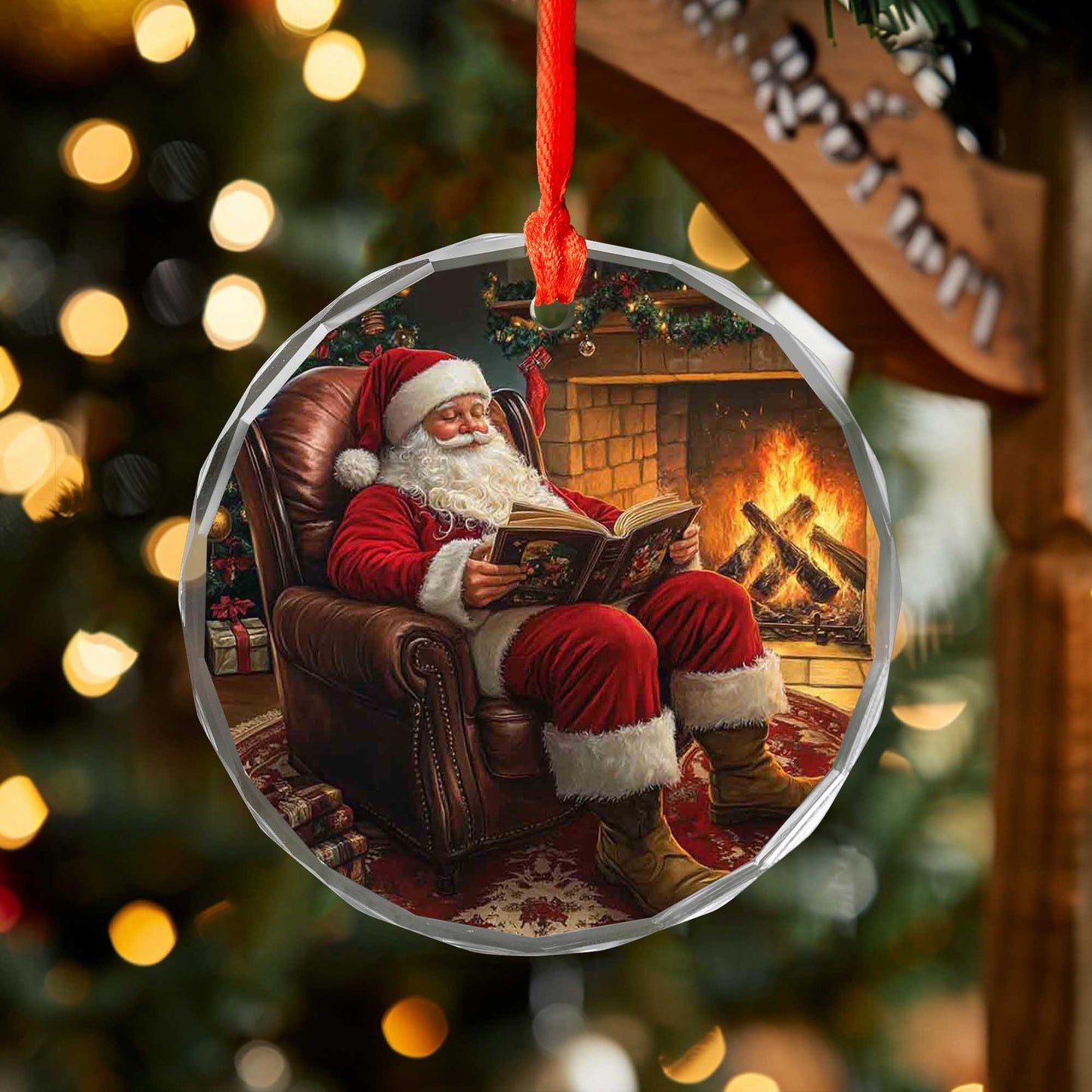 Netecom Traditional Santa Reading Book Ornament – Fireplace & Armchair Scene, Unique Glass Christmas Tree Decor, 3-inch
