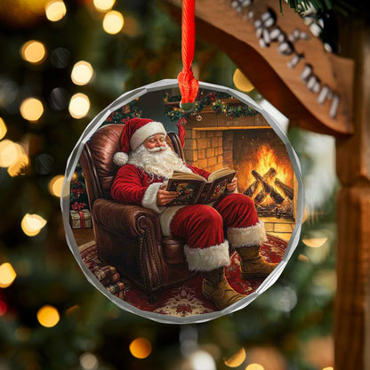 Netecom Traditional Santa Reading Book Ornament – Fireplace & Armchair Scene, Unique Glass Christmas Tree Decor, 3-inch