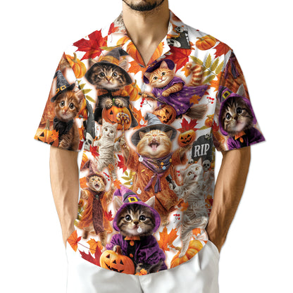 Netecom Halloween Cat Hawaiian Shirt for Men, Cute Witch Cat and Pumpkin Button Down Summer Beach Short Sleeve Shirts