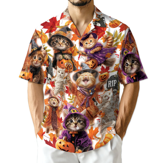 Netecom Halloween Cat Hawaiian Shirt for Men, Cute Witch Cat and Pumpkin Button Down Summer Beach Short Sleeve Shirts