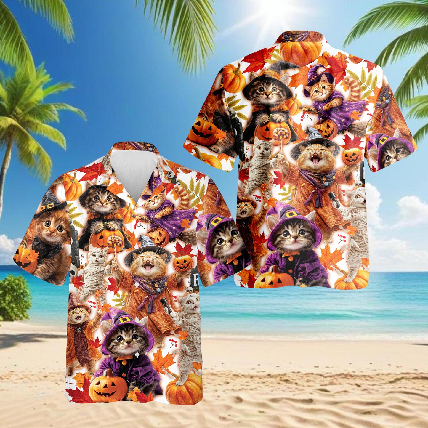 Netecom Halloween Cat Hawaiian Shirt for Men, Cute Witch Cat and Pumpkin Button Down Summer Beach Short Sleeve Shirts