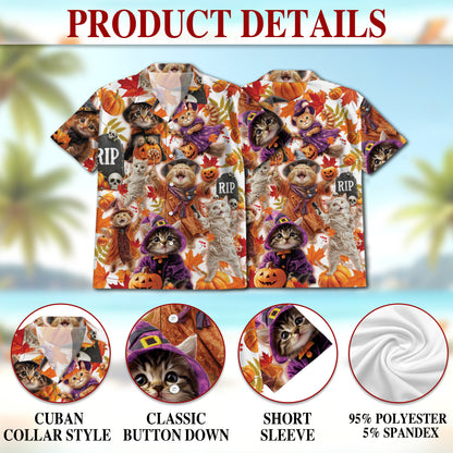Netecom Halloween Cat Hawaiian Shirt for Men, Cute Witch Cat and Pumpkin Button Down Summer Beach Short Sleeve Shirts
