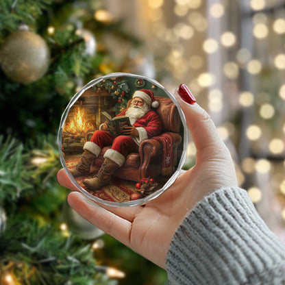 Netecom Storybook Santa Glass Ornament – Reading by Fireplace Keepsake, Perfect Holiday Gift for Families, 3-inch