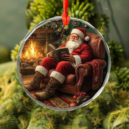 Netecom Storybook Santa Glass Ornament – Reading by Fireplace Keepsake, Perfect Holiday Gift for Families, 3-inch