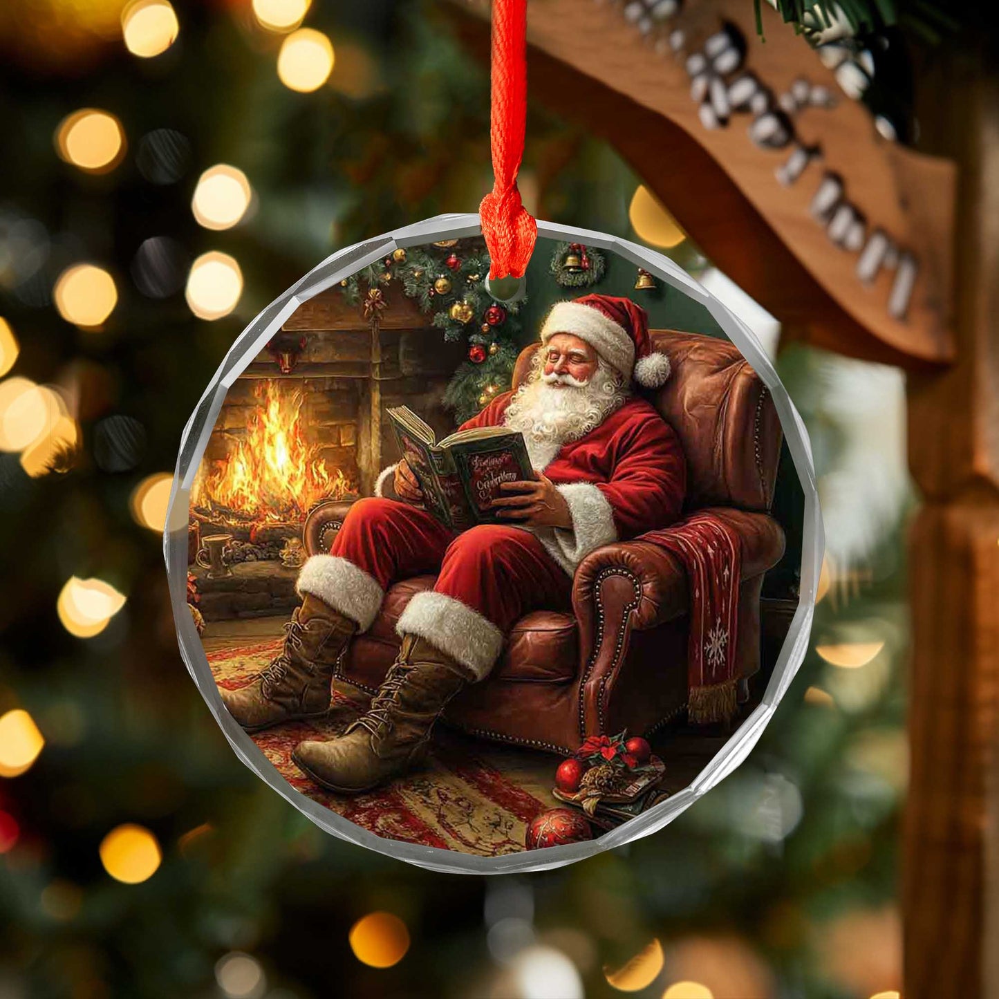 Netecom Storybook Santa Glass Ornament – Reading by Fireplace Keepsake, Perfect Holiday Gift for Families, 3-inch