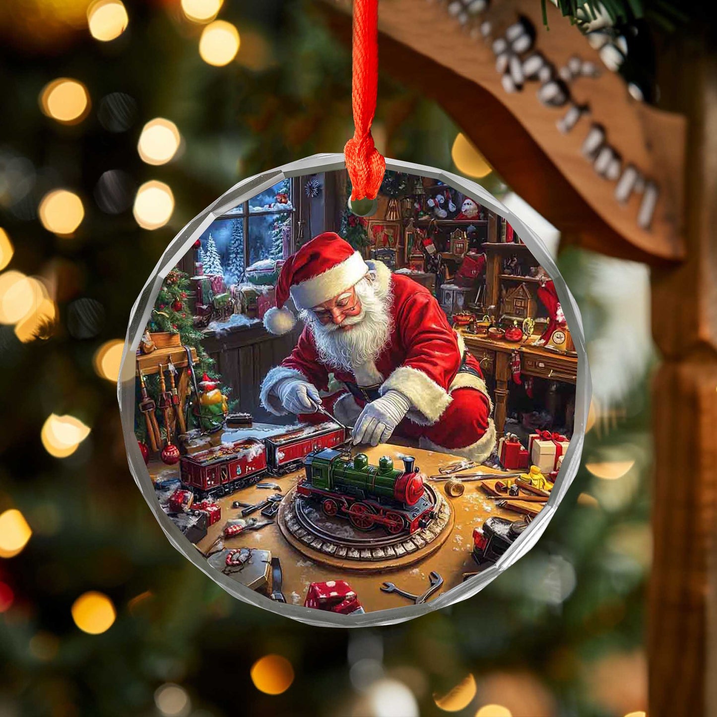 Netecom Santa Claus Assembling Toy Train Glass Ornament – Detailed Christmas Workshop Decor, Holiday Keepsake Gift, 3-inch