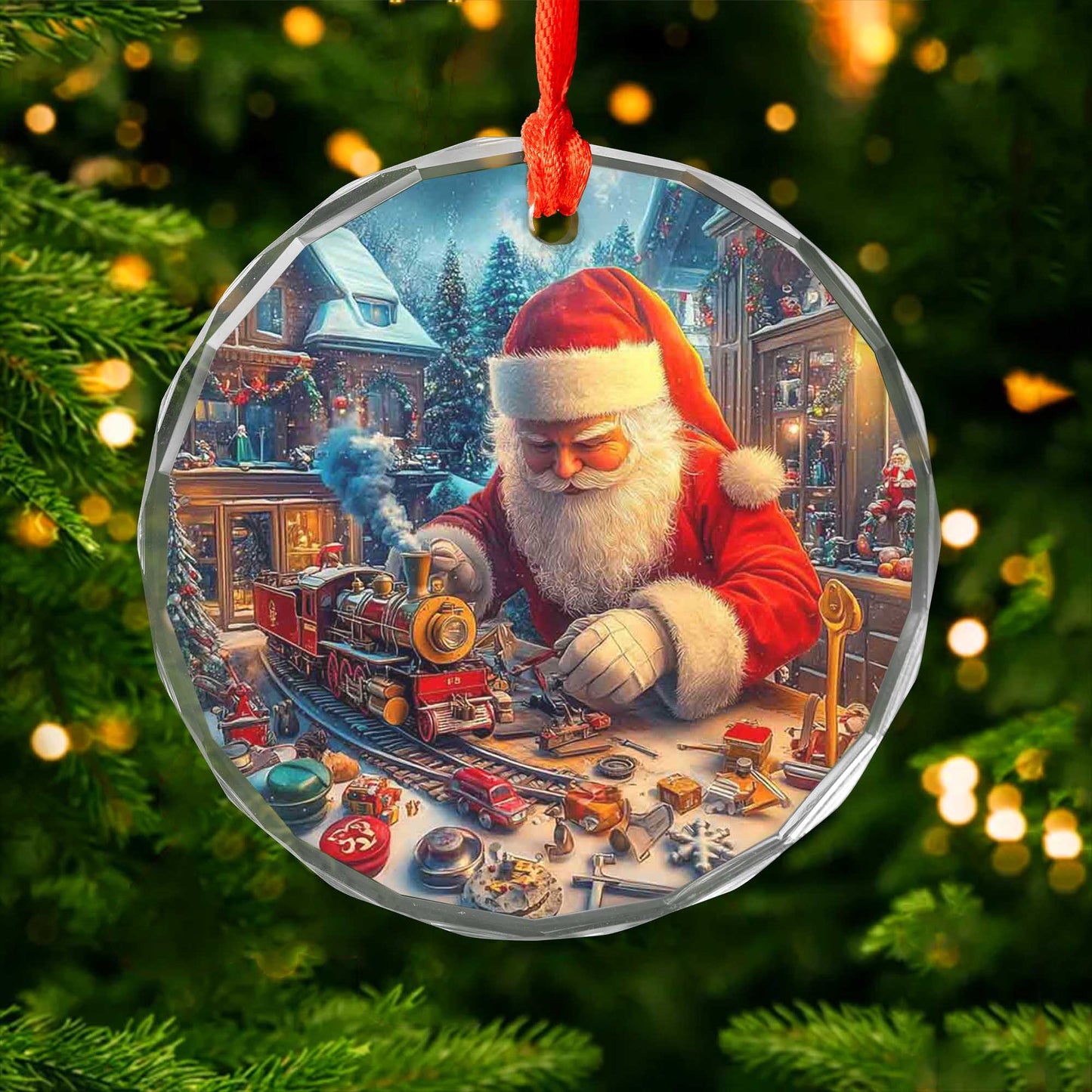 Netecom Santa's Workshop Precision Toymaker Glass Ornament – Christmas Tree Decor, Model Train Enthusiast Gift, 3-inch