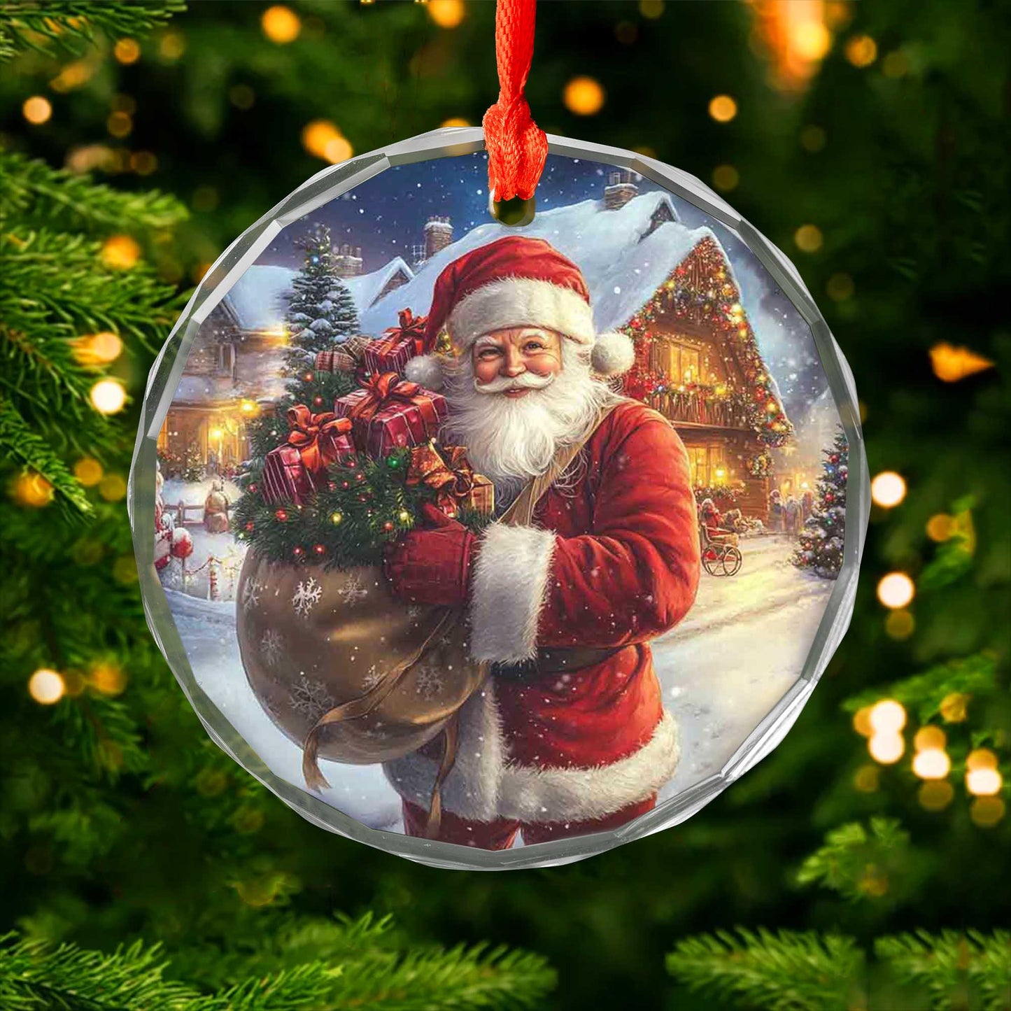 Netecom Santa Claus Delivering Gifts Glass Ornament – Full Sack & Snowy Christmas Eve Scene, Holiday Keepsake, 3-inch