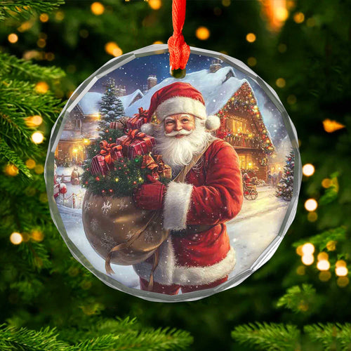 Netecom Santa Claus Delivering Gifts Glass Ornament – Full Sack & Snowy Christmas Eve Scene, Holiday Keepsake, 3-inch