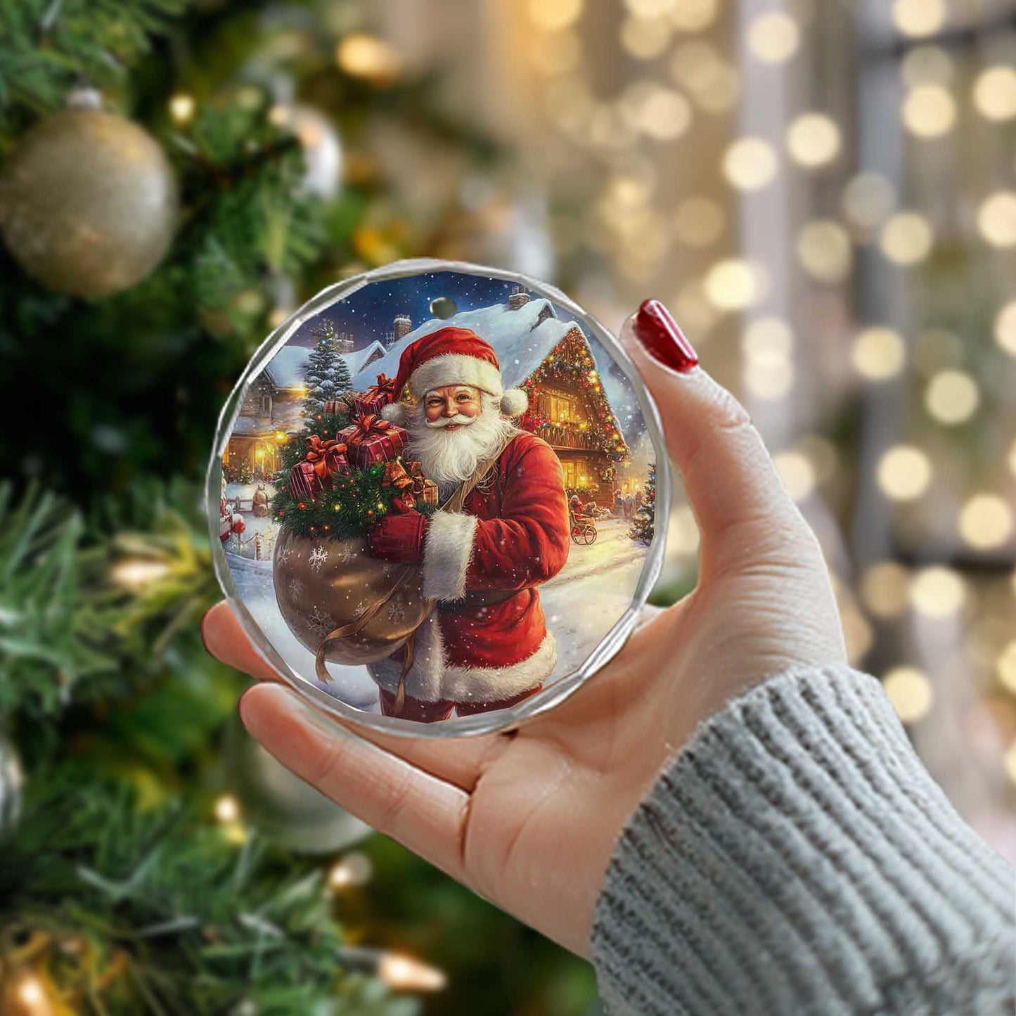 Netecom Santa Claus Delivering Gifts Glass Ornament – Full Sack & Snowy Christmas Eve Scene, Holiday Keepsake, 3-inch