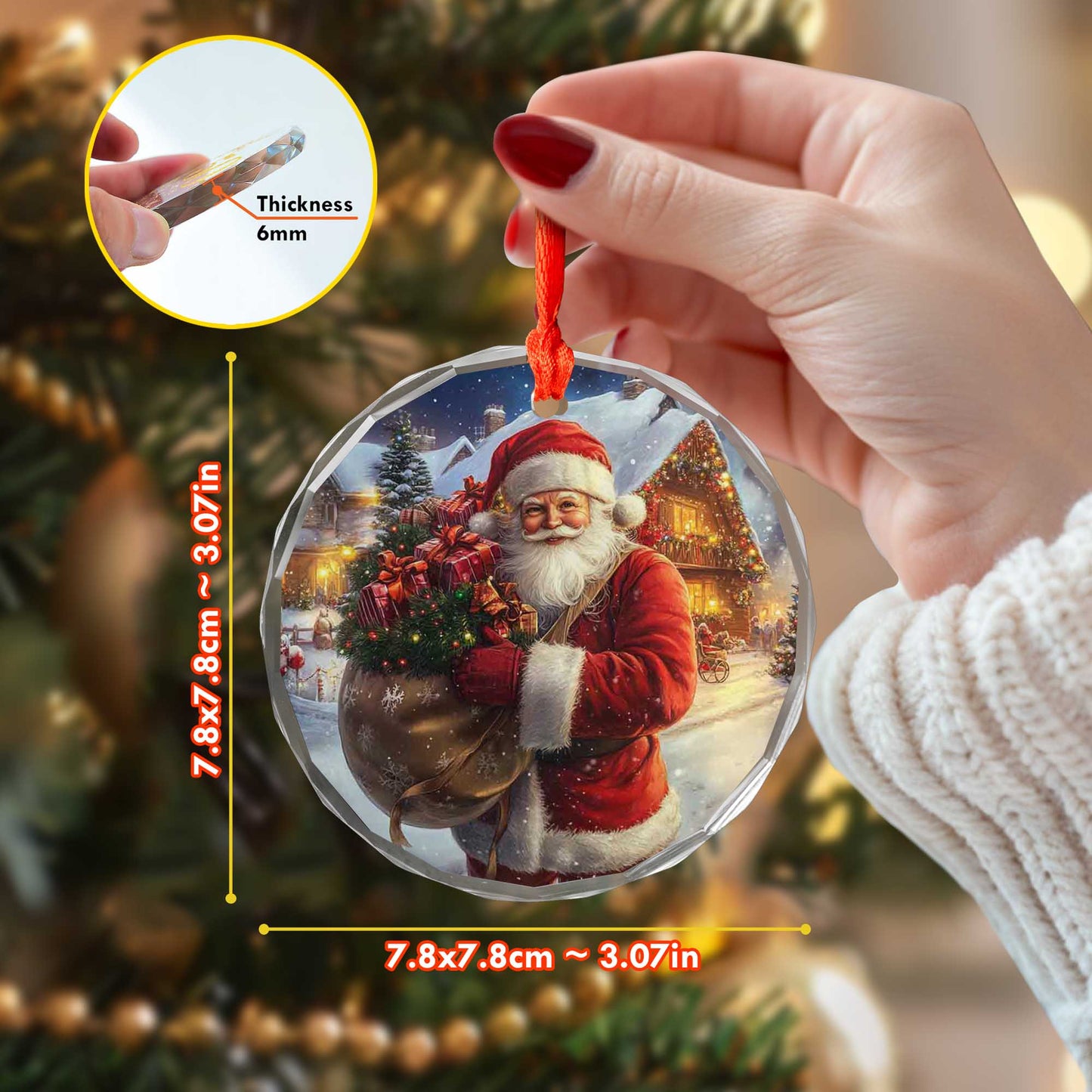 Netecom Santa Claus Delivering Gifts Glass Ornament – Full Sack & Snowy Christmas Eve Scene, Holiday Keepsake, 3-inch