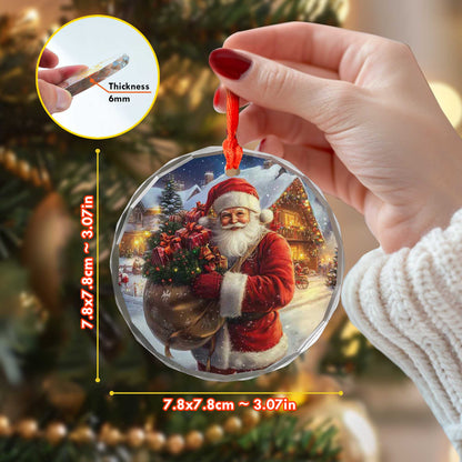 Netecom Santa Claus Delivering Gifts Glass Ornament – Full Sack & Snowy Christmas Eve Scene, Holiday Keepsake, 3-inch