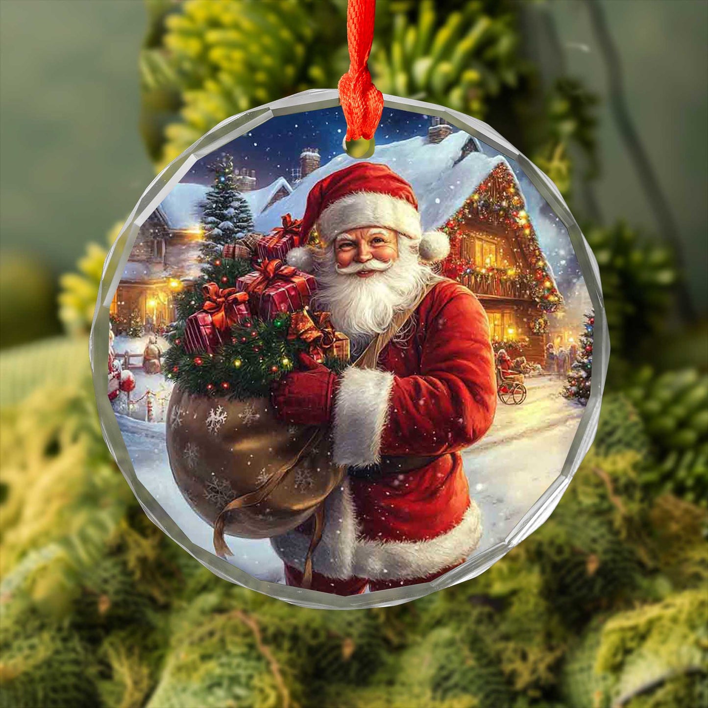 Netecom Santa Claus Delivering Gifts Glass Ornament – Full Sack & Snowy Christmas Eve Scene, Holiday Keepsake, 3-inch
