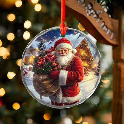 Netecom Santa Claus Delivering Gifts Glass Ornament – Full Sack & Snowy Christmas Eve Scene, Holiday Keepsake, 3-inch