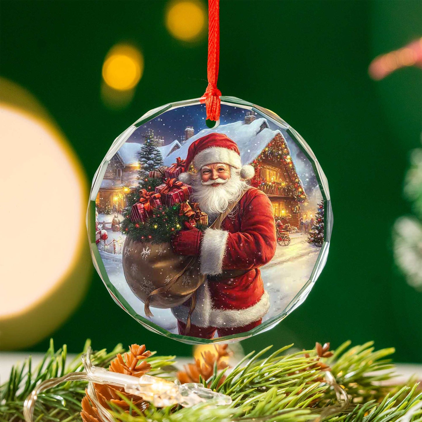 Netecom Santa Claus Delivering Gifts Glass Ornament – Full Sack & Snowy Christmas Eve Scene, Holiday Keepsake, 3-inch