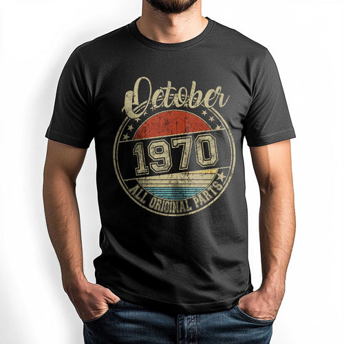 Netecom October 1970 All Original Parts T-Shirt, Retro Birthday Shirt for Men, Perfect Gift for October Birthday