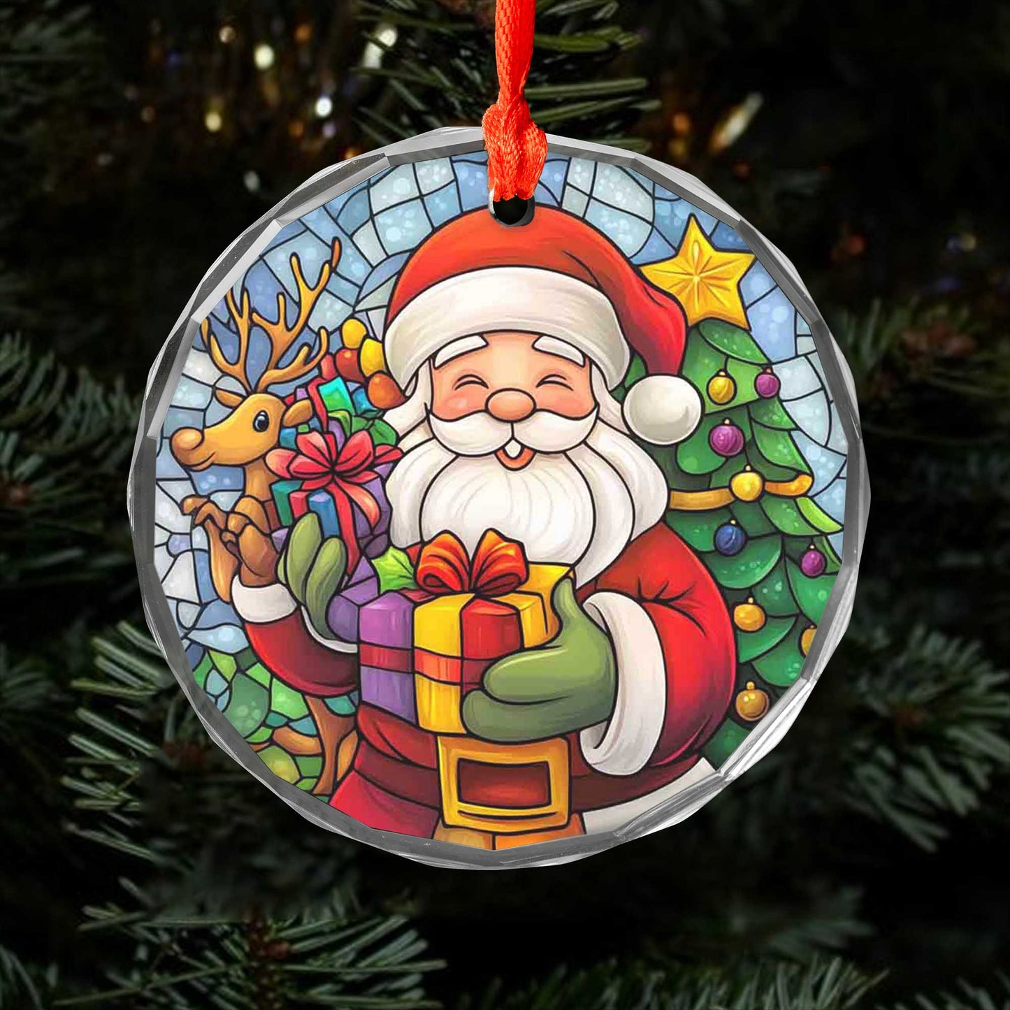Netecom Cheerful Santa Claus & Reindeer Glass Ornament – Festive Christmas Tree Decoration, 3-Inch Holiday Keepsake