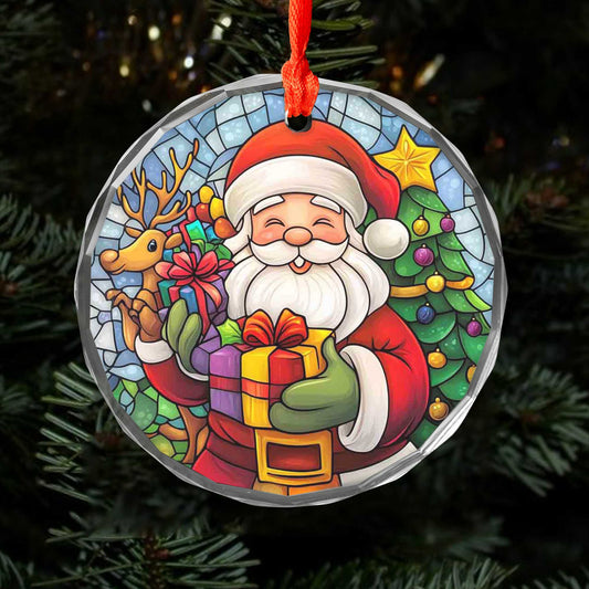 Netecom Cheerful Santa Claus & Reindeer Glass Ornament – Festive Christmas Tree Decoration, 3-Inch Holiday Keepsake