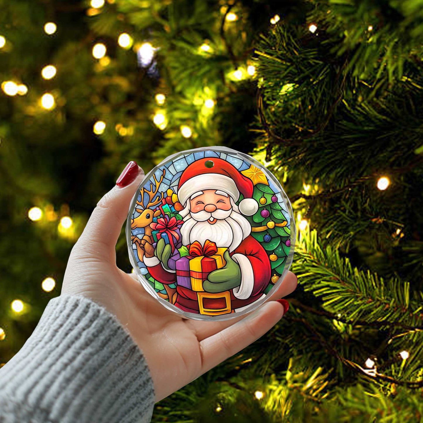 Netecom Cheerful Santa Claus & Reindeer Glass Ornament – Festive Christmas Tree Decoration, 3-Inch Holiday Keepsake