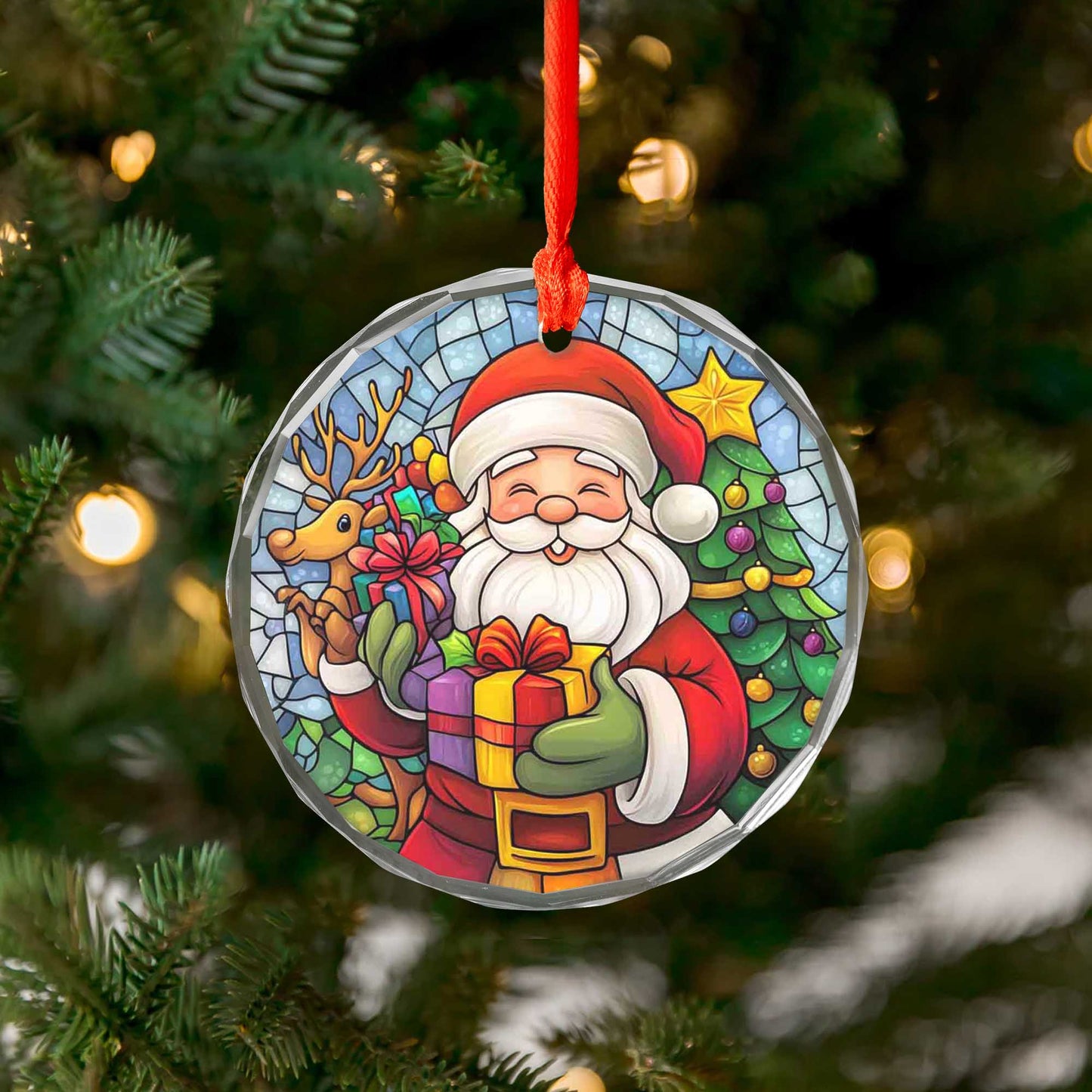 Netecom Cheerful Santa Claus & Reindeer Glass Ornament – Festive Christmas Tree Decoration, 3-Inch Holiday Keepsake
