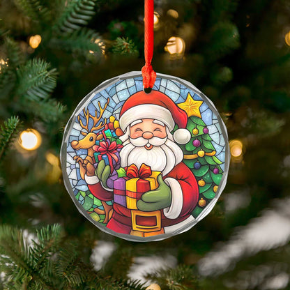 Netecom Cheerful Santa Claus & Reindeer Glass Ornament – Festive Christmas Tree Decoration, 3-Inch Holiday Keepsake