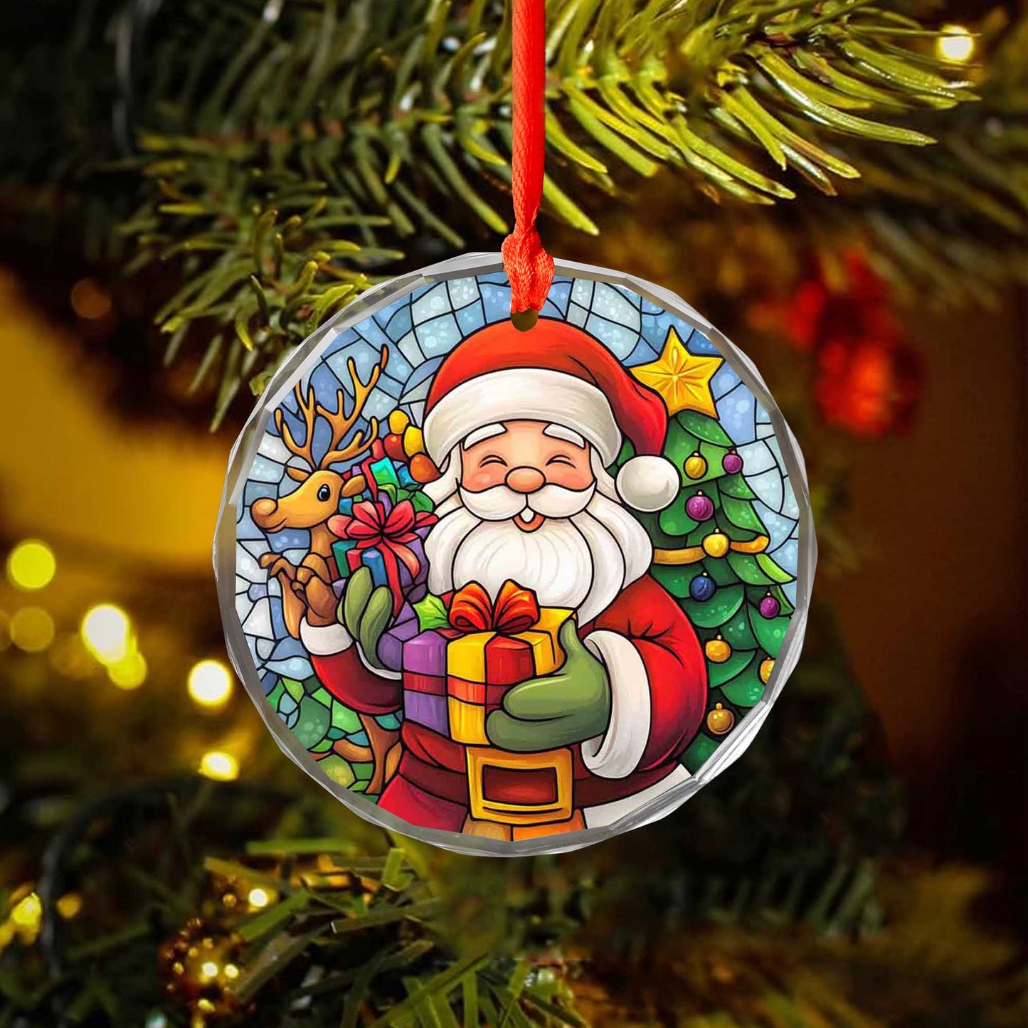 Netecom Cheerful Santa Claus & Reindeer Glass Ornament – Festive Christmas Tree Decoration, 3-Inch Holiday Keepsake