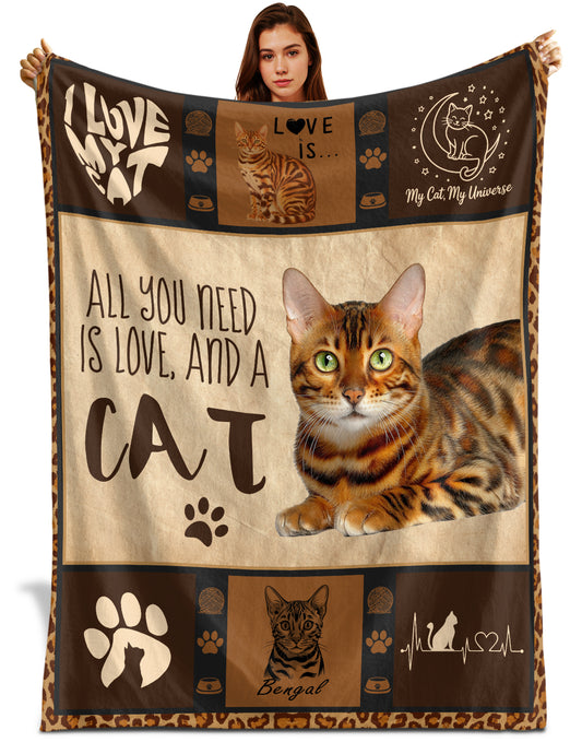 Netecom Bengal Cat Lover Blanket, All You Need is Love and a Cat Throw Blanket for Couch, Bed or Sofa, Ultra Soft Warm Gift for Birthday, Thanksgiving and Christmas