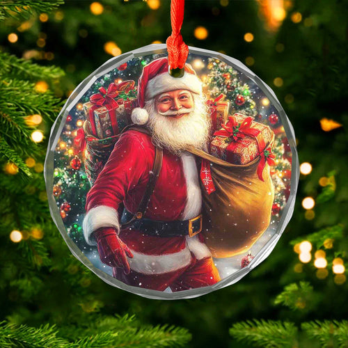 Netecom Santa with Gift Sack Glass Ornament – Christmas Eve Delivery Scene, Outdoor Holiday Tree Decoration, 3-inch