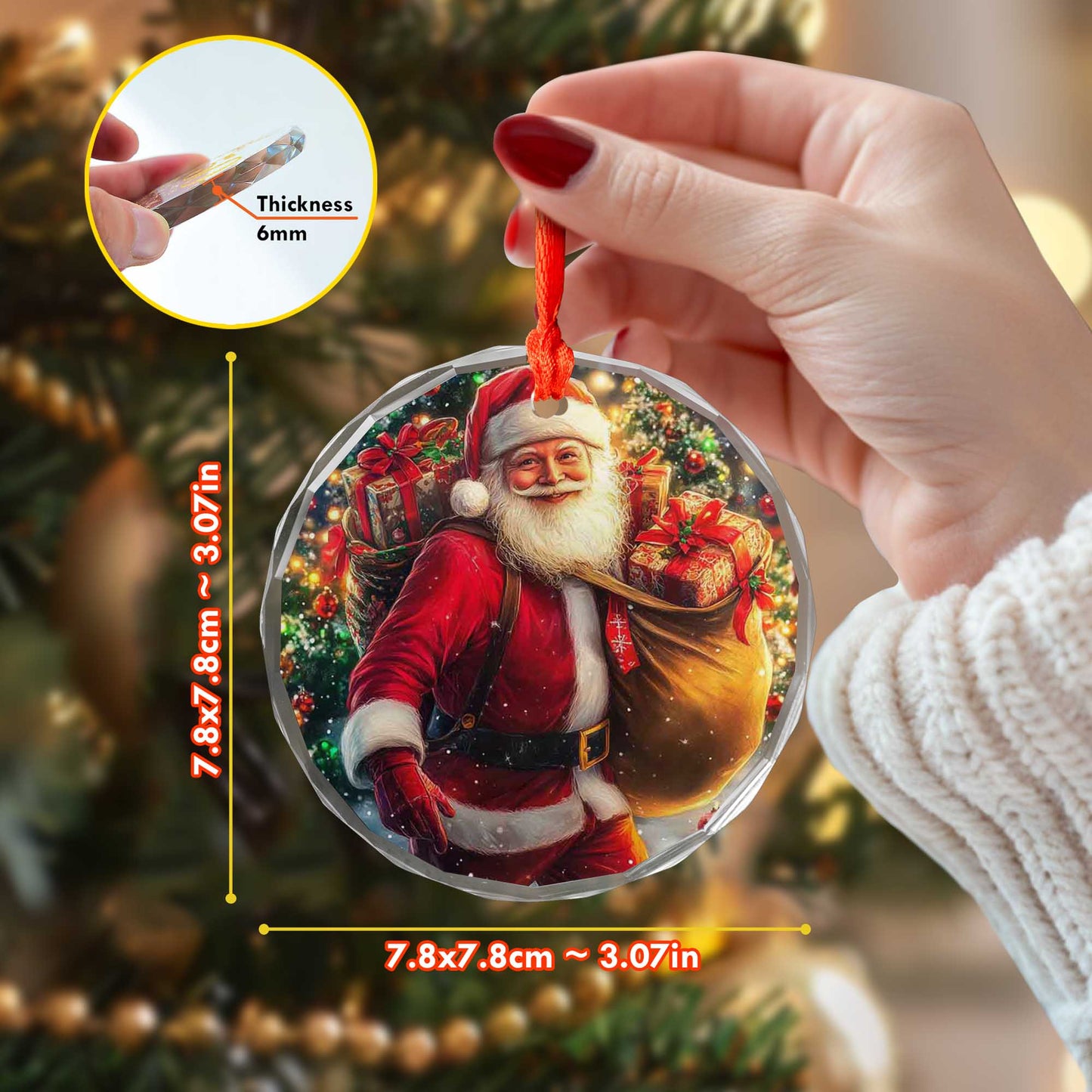 Netecom Santa with Gift Sack Glass Ornament – Christmas Eve Delivery Scene, Outdoor Holiday Tree Decoration, 3-inch