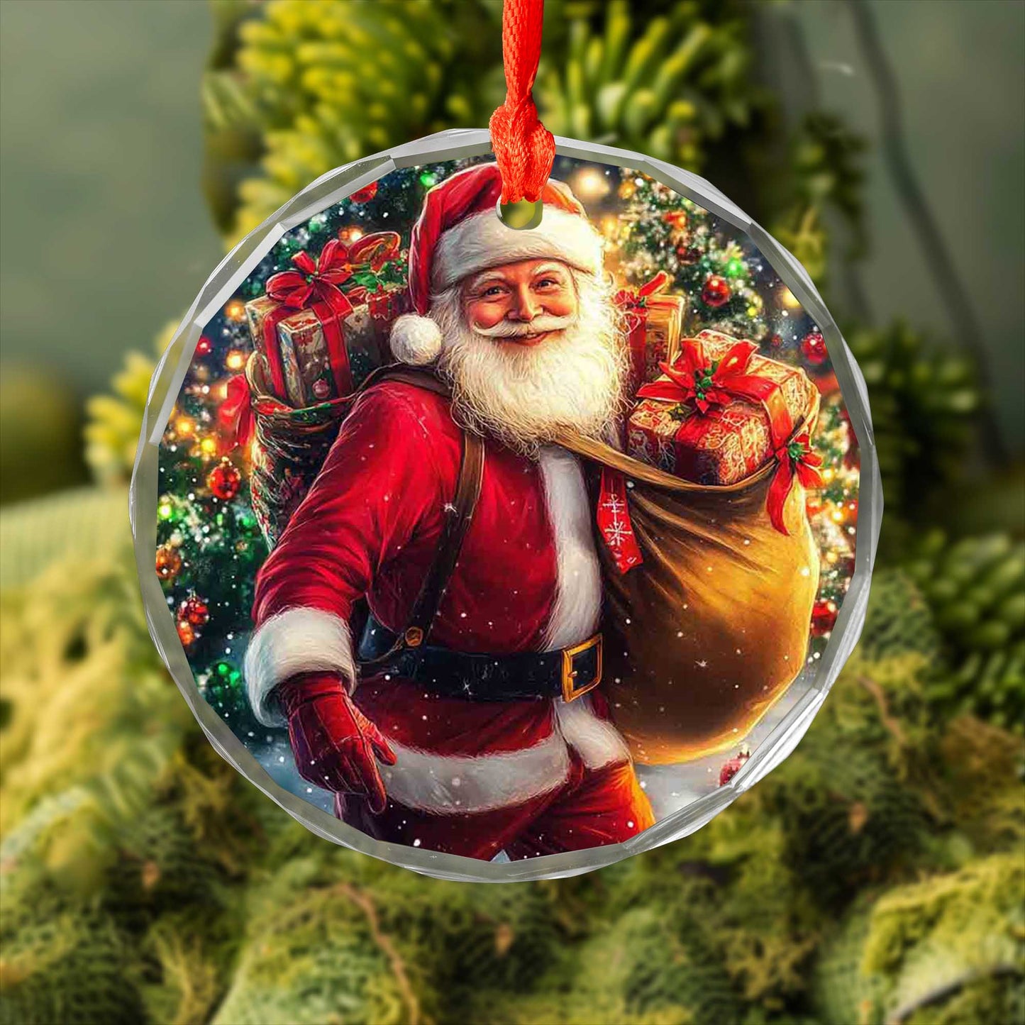 Netecom Santa with Gift Sack Glass Ornament – Christmas Eve Delivery Scene, Outdoor Holiday Tree Decoration, 3-inch