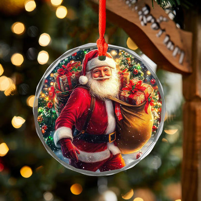 Netecom Santa with Gift Sack Glass Ornament – Christmas Eve Delivery Scene, Outdoor Holiday Tree Decoration, 3-inch