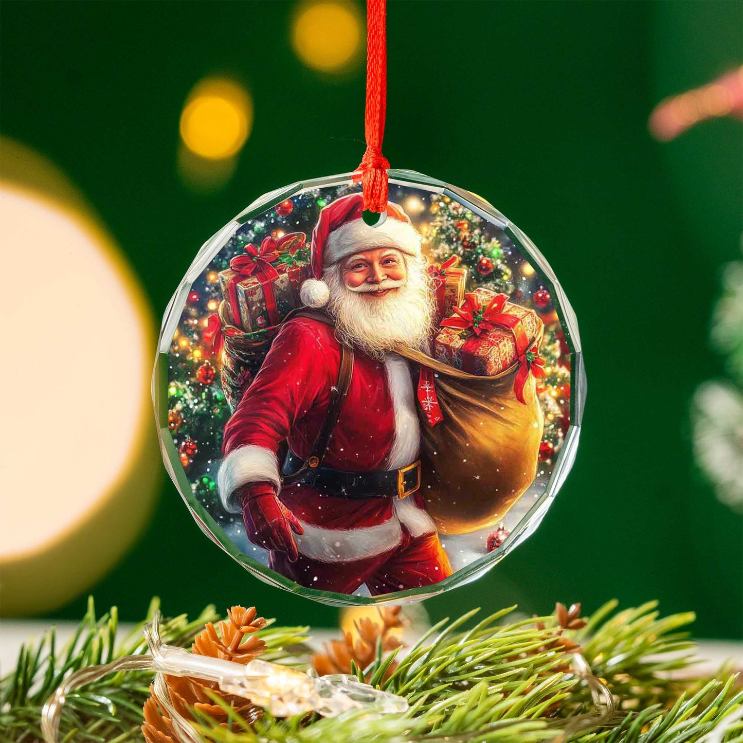 Netecom Santa with Gift Sack Glass Ornament – Christmas Eve Delivery Scene, Outdoor Holiday Tree Decoration, 3-inch