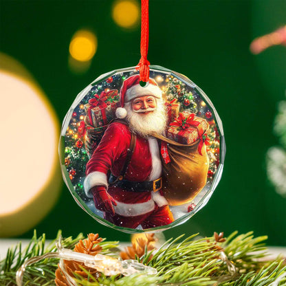 Netecom Santa with Gift Sack Glass Ornament – Christmas Eve Delivery Scene, Outdoor Holiday Tree Decoration, 3-inch