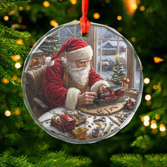 Netecom Santa's Toy Train Workshop Glass Ornament – Christmas Tree Decoration, Ideal Gift for Train Lovers, 3-inch