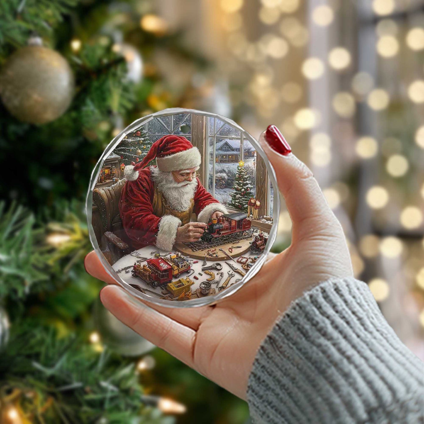 Netecom Santa's Toy Train Workshop Glass Ornament – Christmas Tree Decoration, Ideal Gift for Train Lovers, 3-inch