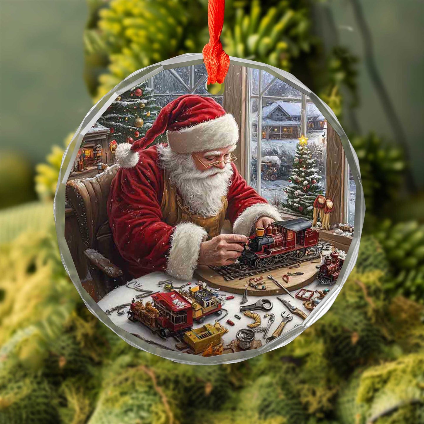 Netecom Santa's Toy Train Workshop Glass Ornament – Christmas Tree Decoration, Ideal Gift for Train Lovers, 3-inch