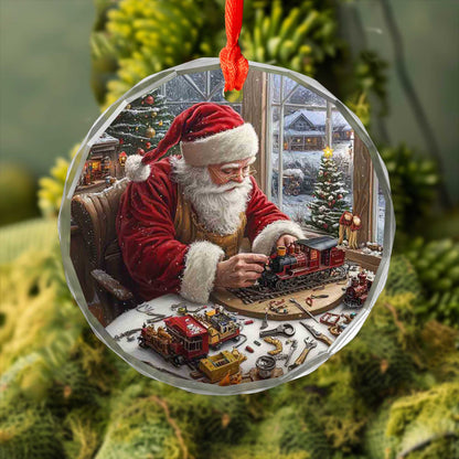 Netecom Santa's Toy Train Workshop Glass Ornament – Christmas Tree Decoration, Ideal Gift for Train Lovers, 3-inch