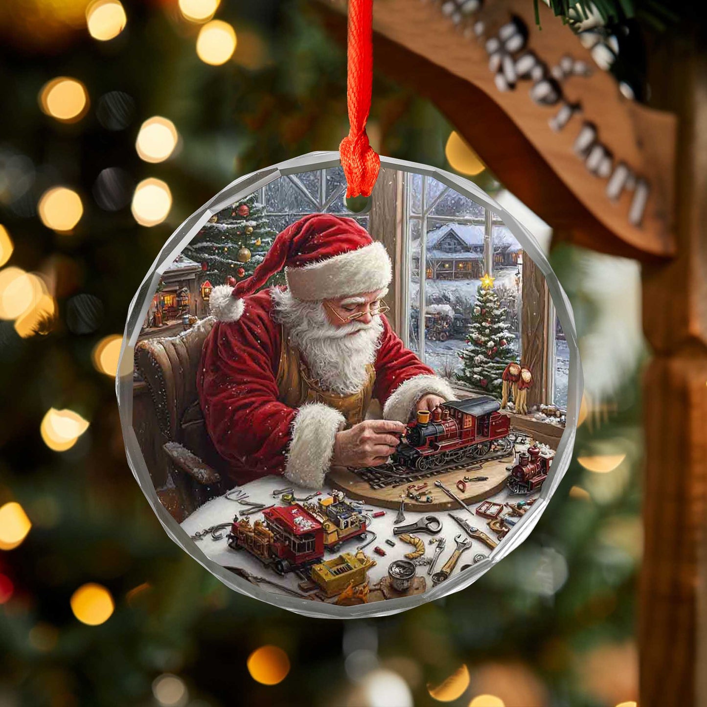 Netecom Santa's Toy Train Workshop Glass Ornament – Christmas Tree Decoration, Ideal Gift for Train Lovers, 3-inch