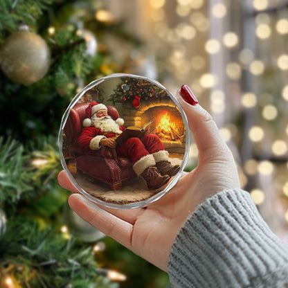 Netecom Santa Claus Asleep by Fireplace Glass Ornament – Cozy Armchair Scene, Christmas Tree Decor & Keepsake Gift, 3-inch