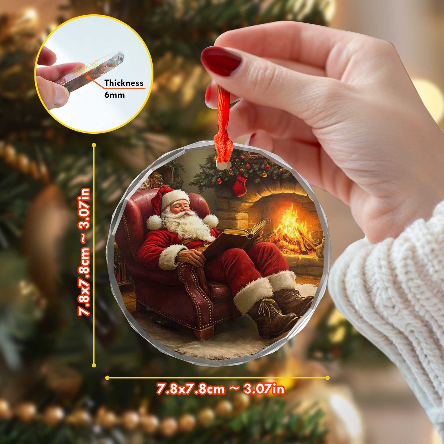 Netecom Santa Claus Asleep by Fireplace Glass Ornament – Cozy Armchair Scene, Christmas Tree Decor & Keepsake Gift, 3-inch