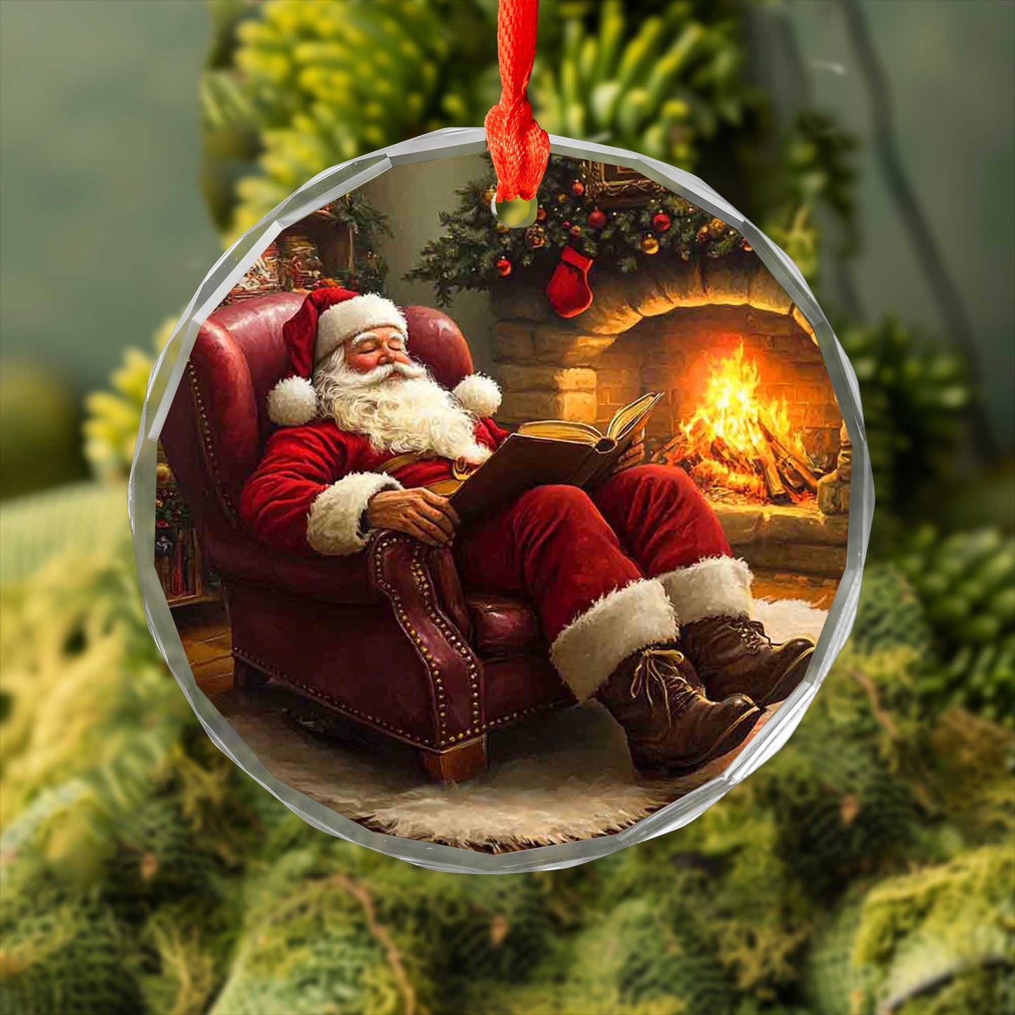 Netecom Santa Claus Asleep by Fireplace Glass Ornament – Cozy Armchair Scene, Christmas Tree Decor & Keepsake Gift, 3-inch
